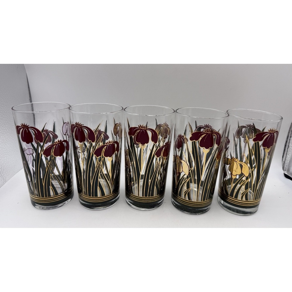 5 Vintage Culver Iris Cinnabar Highball Glasses Tumbler 22k Gold Irises 5.5" - Picture 1 of 6